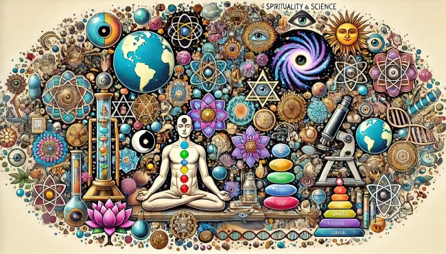 Blog-spiritualiteit-5-wetenschap-A-detailed-illustration-depicting-the-theme-of-spirituality-and-science-with-elements-mixed-together.-Avoid-text-and-skulls.-Use-beautiful-colors