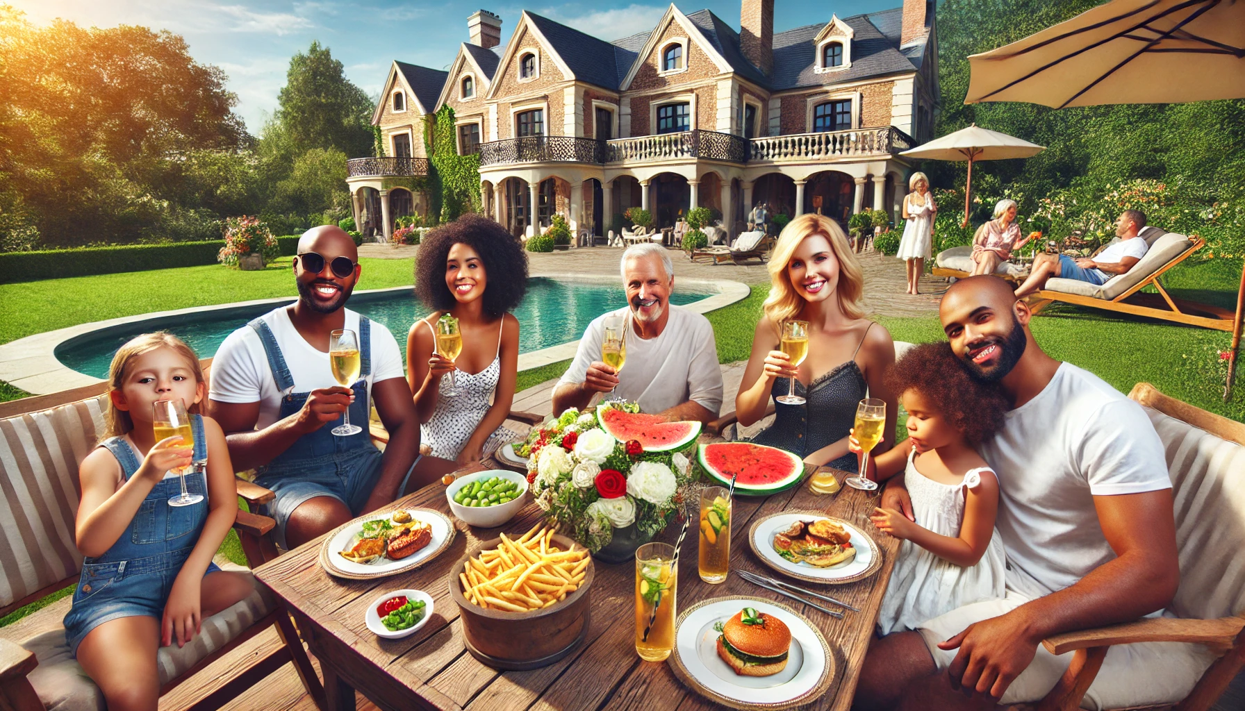 Blog spiritualiteit 1 - DALL·E A semi-photographic style image showing a wealthy family in the summer, enjoying a beautiful garden of a luxurious, large house